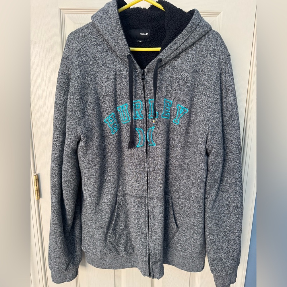 Hurley Full Zip Hoodie Hooded Sweatshirt Men’s XXL Fleece finger slits spellout
